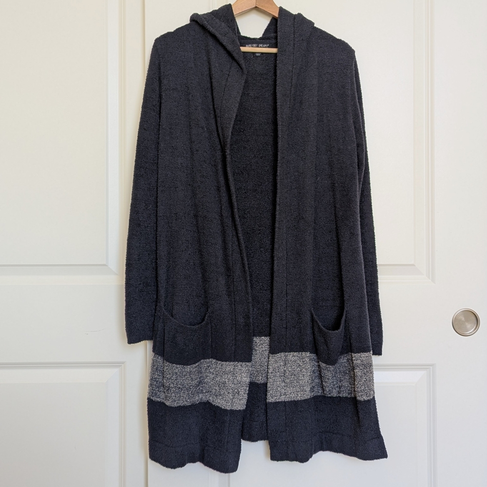 Barefoot Dreams Cozychic Lite Hooded Cardigan Sweater Women XS S Blue Long Soft